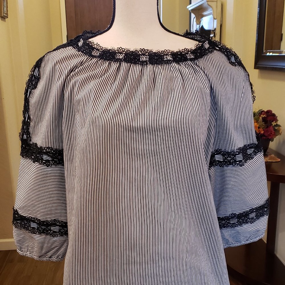 Black & White 3/4 sleeve, Striped Blouse